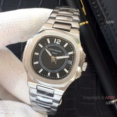 Fake Patek Philippe Nautilus QUARTZ Watches - SS Black Face - Ladies Size